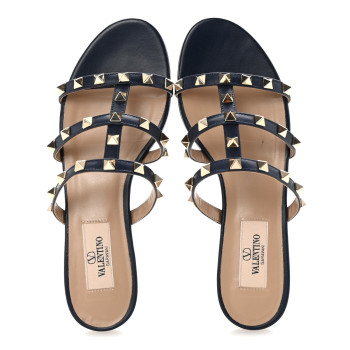 VALENTINO GARAVANI Nappa Rockstud Caged Flat Slide Sandals 35 Marine