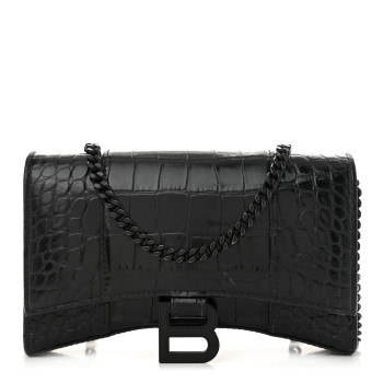 BALENCIAGA Shiny Calfskin Monochrome Crocodile Embossed Hourglass Chain Bag Black