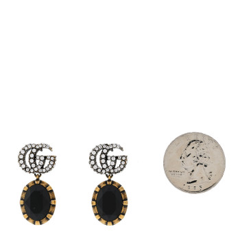 GUCCI Crystal Double G Earrings Black Aged Gold