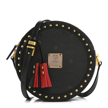 MCM Monogram Coated Canvas Studded Berlin Tambourine Round Crossbody Black