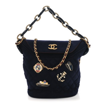 CHANEL Wool Lambskin Quilted Paris Hamburg Charms Bucket Bag Dark Navy