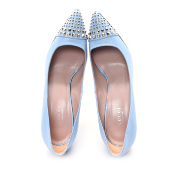 GUCCI Malaga Kid Studded Cap Toe Coline Pumps 37.5 Mineral Blue