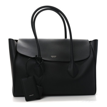 SALVATORE FERRAGAMO Hammered Calfskin XL East West Tote Bag Black