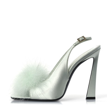 SAINT LAURENT Crepe Satin Blanco Feathered Sandals 39 Slight Green