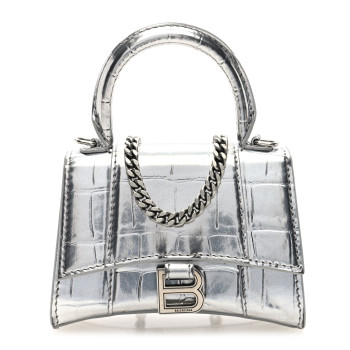 BALENCIAGA Metallic Calfskin Crocodile Embossed Hourglass Top Handle Bag Mini with Chain Silver