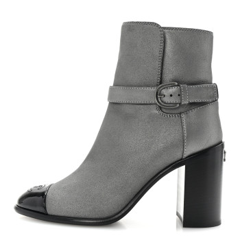Suede Kidskin Patent Cap Toe Interlocking CC Ankle Boots 39 Dark Silver Black