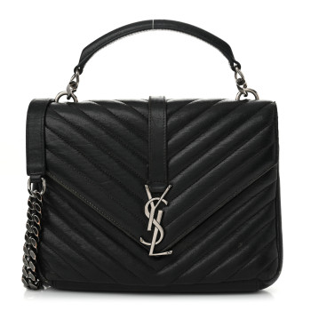 SAINT LAURENT Sheepskin Matelasse Chevron Monogram Medium College Bag Black