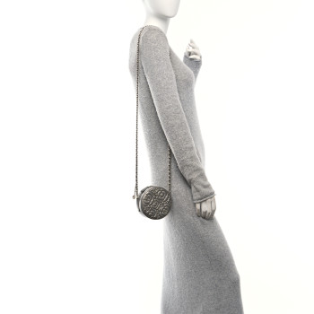CHANEL Goatskin Camellia Embossed Round Clutch With Chain Grey