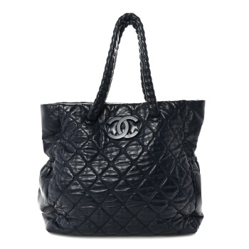 CHANEL Lambskin Quilted Hidden Chain Tote Navy
