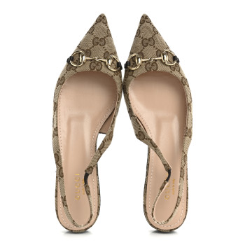 GUCCI Monogram Horsebit Womens Slingback Ballet Flat 36.5 Beige Ebony Cocoa