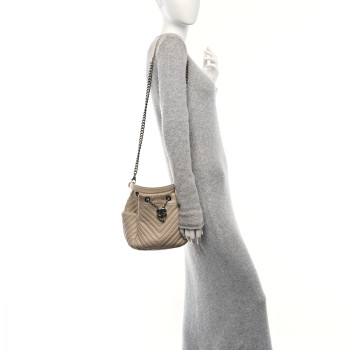 CHANEL Deerskin Chevron Small CC Chain Bucket Bag Beige