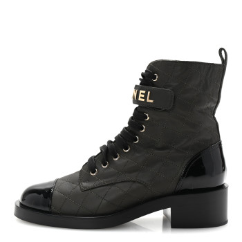 Lambskin Patent Calfskin Quilted Logo Lace Up Combat Boots 39 Dark Brown Black