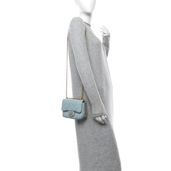 CHANEL Lambskin Enamel Quilted Mini Pending CC Square Flap Light Blue
