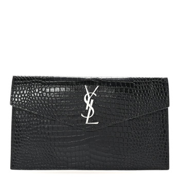 SAINT LAURENT Calfskin Crocodile Embossed Uptown Monogram Clutch Black