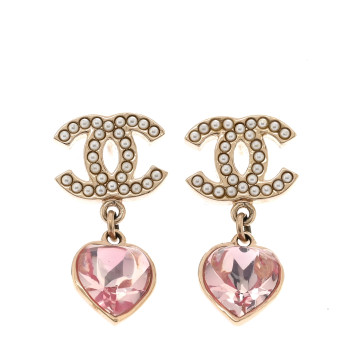 CHANEL Crystal Pearl Heart CC Drop Earrings Pink Gold