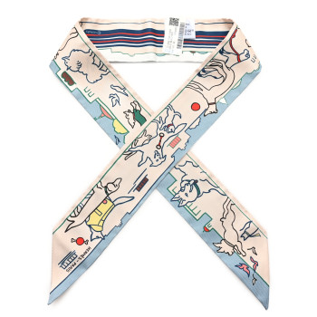 HERMES Silk Les Chiens Parisiens Twilly Creme Bleu Vert