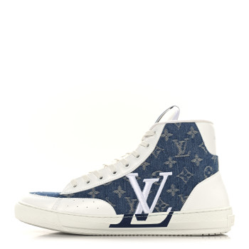 LOUIS VUITTON Calfskin Monogram Denim Mens Charlie High Top Sneakers 9 White Blue
