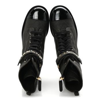 CHANEL Lambskin Patent Calfskin Quilted Logo Lace Up Combat Boots 39 Dark Brown Black