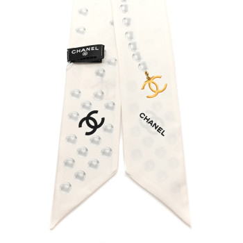 CHANEL Silk Pearl CC Slim Bandeau Scarf Ecru Grey