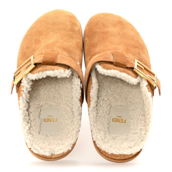 FENDI Suede Shearling Fendi Feel Buckled Clogs 38 Caramel Latte