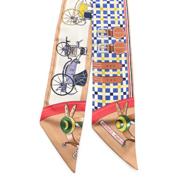 HERMES Silk Les Voitures Nouvelle Twilly Bleu Beige Rouge