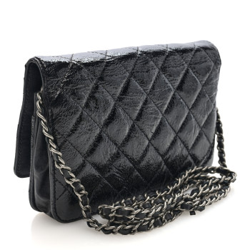 CHANEL Patent Goatskin Quilted Paris Dallas Wallet On Chain WOC Black