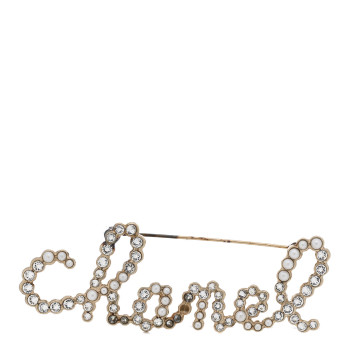 CHANEL Crystal Pearl Logo Brooch Gold