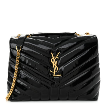 SAINT LAURENT Patent Y Quilted Monogram Small Loulou Chain Satchel Black