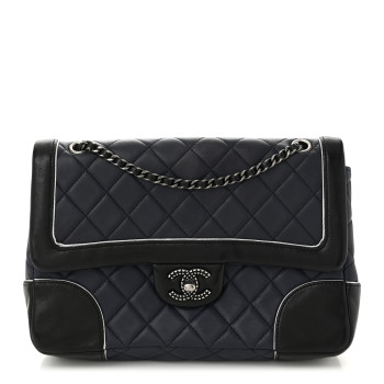 CHANEL Calfskin Quilted Bi-Color Jumbo Flap Blue Black