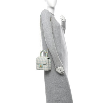 CHANEL Tweed Handle Crush Top Handle Flap Bag Light Blue Ecru