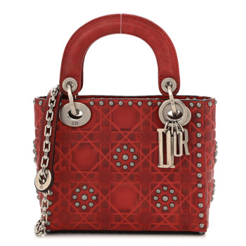 CHRISTIAN DIOR Calfskin Embossed Cannage Flower Studded Mini Lady Dior Bag Red
