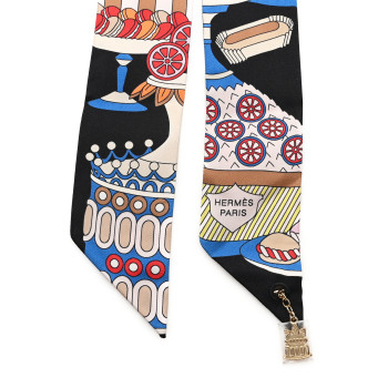 HERMES Silk La Patisserie Francaise Charms Twilly Charms Black White Bleu