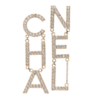 CHANEL Crystal Cha-Nel Logo Drop Earrings Gold