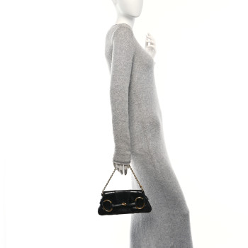 GUCCI Goatskin Patent Horsebit Chain Clutch  Black