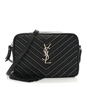 SAINT LAURENT Calfskin Studded Matelasse Monogram Lou Camera Bag Black