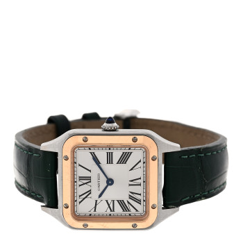 CARTIER Stainless Steel 18K Pink Gold Alligator 27.5mm Santos Dumont Quartz Watch Green
