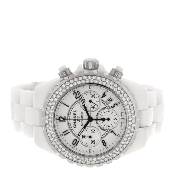 CHANEL Stainless Steel Ceramic Diamond Bezel 41mm J12 Chronograph Automatic Watch White
