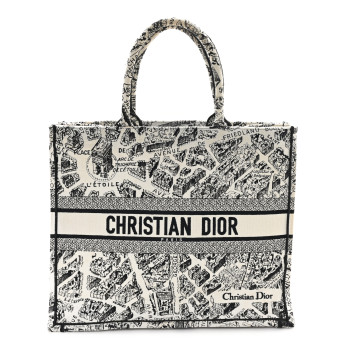 CHRISTIAN DIOR Canvas Embroidered Large Plan De Paris Book Tote White Black