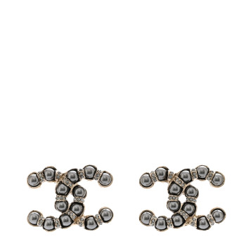 CHANEL Pearl Crystal Nefertiti CC Earrings Silver Dark Grey