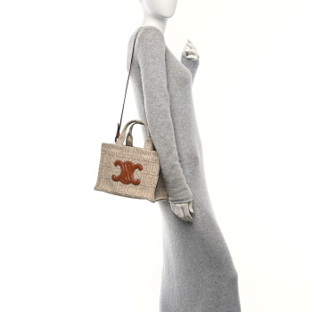 CELINE Canvas Calfskin All Over Print Small Cabas Thais Natural Tan