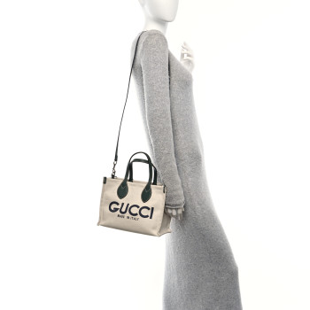 GUCCI Canvas Calfskin Logo Print Medium Tote Bag Green