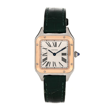 CARTIER Stainless Steel 18K Pink Gold Alligator 27.5mm Santos Dumont Quartz Watch Green
