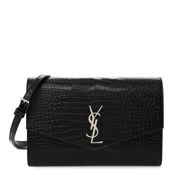 SAINT LAURENT Calfskin Crocodile Embossed Monogram Uptown Crossbody Black