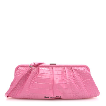 BALENCIAGA Shiny Supple Calfskin Logo Crocodile Embossed XL Cloud Clutch Pink