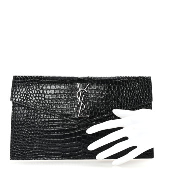 SAINT LAURENT Calfskin Crocodile Embossed Uptown Monogram Clutch Black
