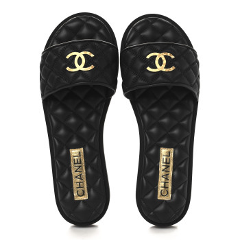 CHANEL Lambskin Quilted Textured CC Mules Sandals 40 Black