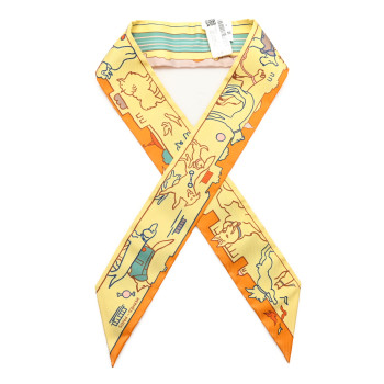 HERMES Silk Les Chiens Parisiens Twilly Jaune Orange Vert