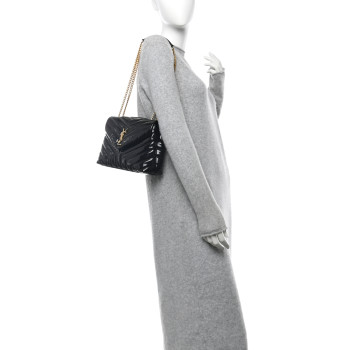 SAINT LAURENT Patent Y Quilted Monogram Small Loulou Chain Satchel Black