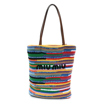 MIU MIU Fabric Crochet Stripe Tote Bag Multicolor