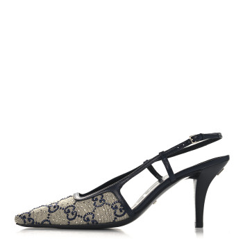 GUCCI GG Monogram Malaga Kid Crystal Square G 75mm Slingback Pumps 36.5 Beige Blue